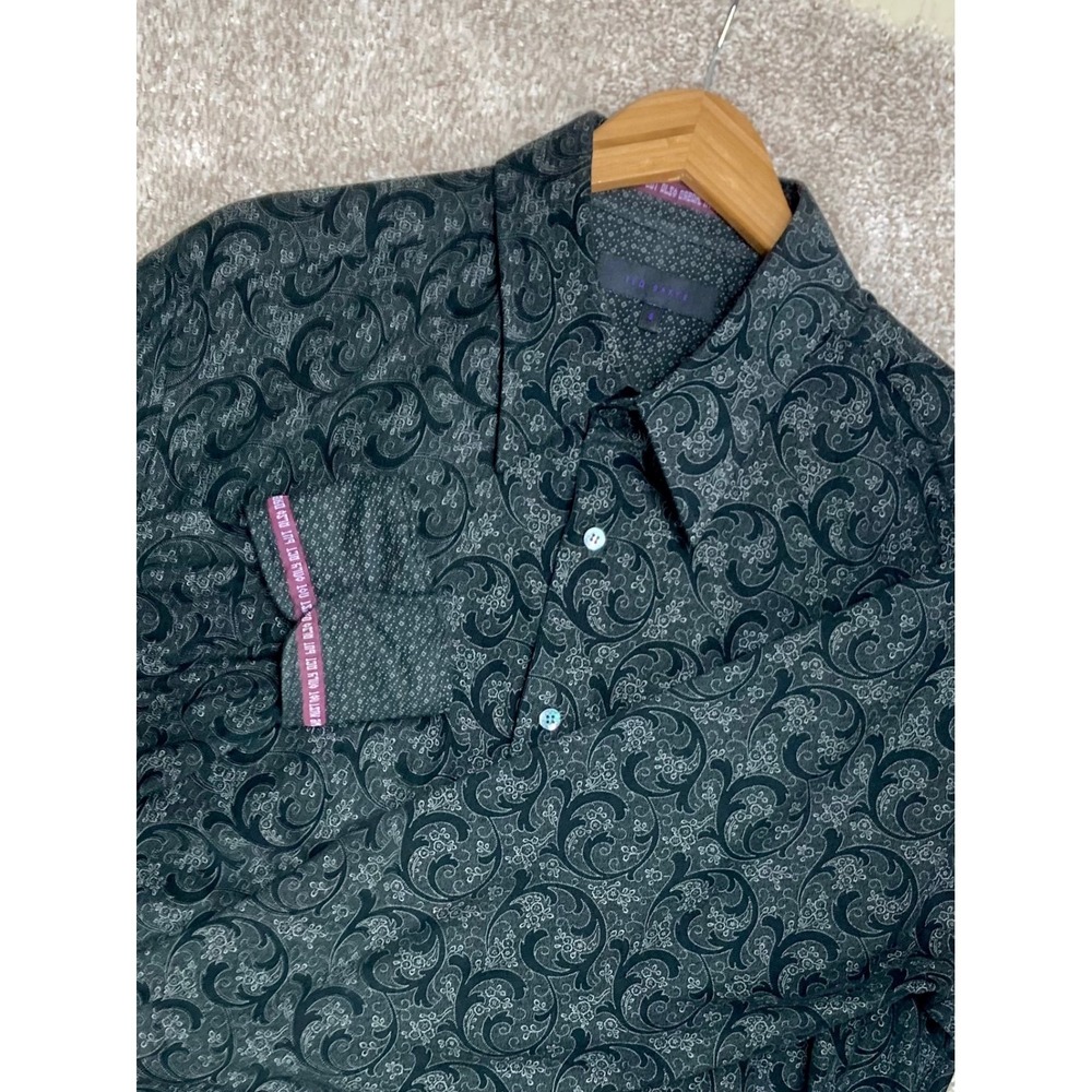 Ted Baker Paisley Scroll Button Down Shirt Mens  Green Long Sleeve Office